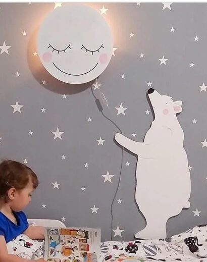 Decoração de parede de urso polar, lua fofa para decoração de berçário de bebê, arte de parede para berçário, decoração de quarto infantil