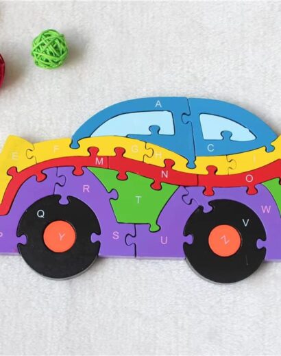 Quebra-cabeça de alfabeto em forma de carro cortado a laser, brinquedo educativo de madeira